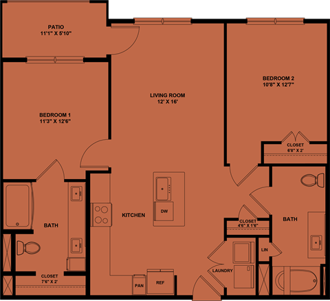 Floor plan for 2 beds, 2 baths, 1005 sqft